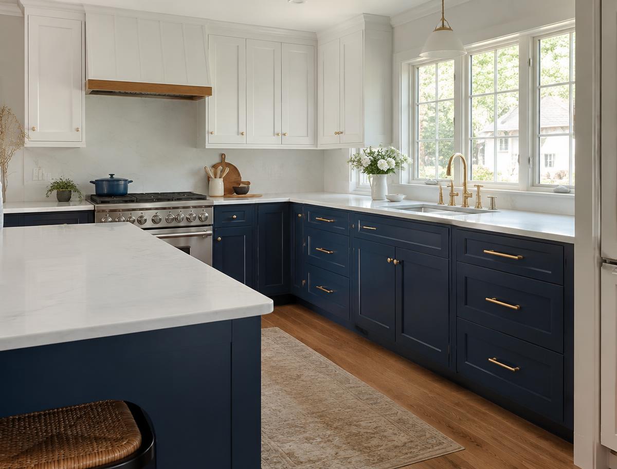 Kitchen with freshly painted navy lower cabinets and white uppers